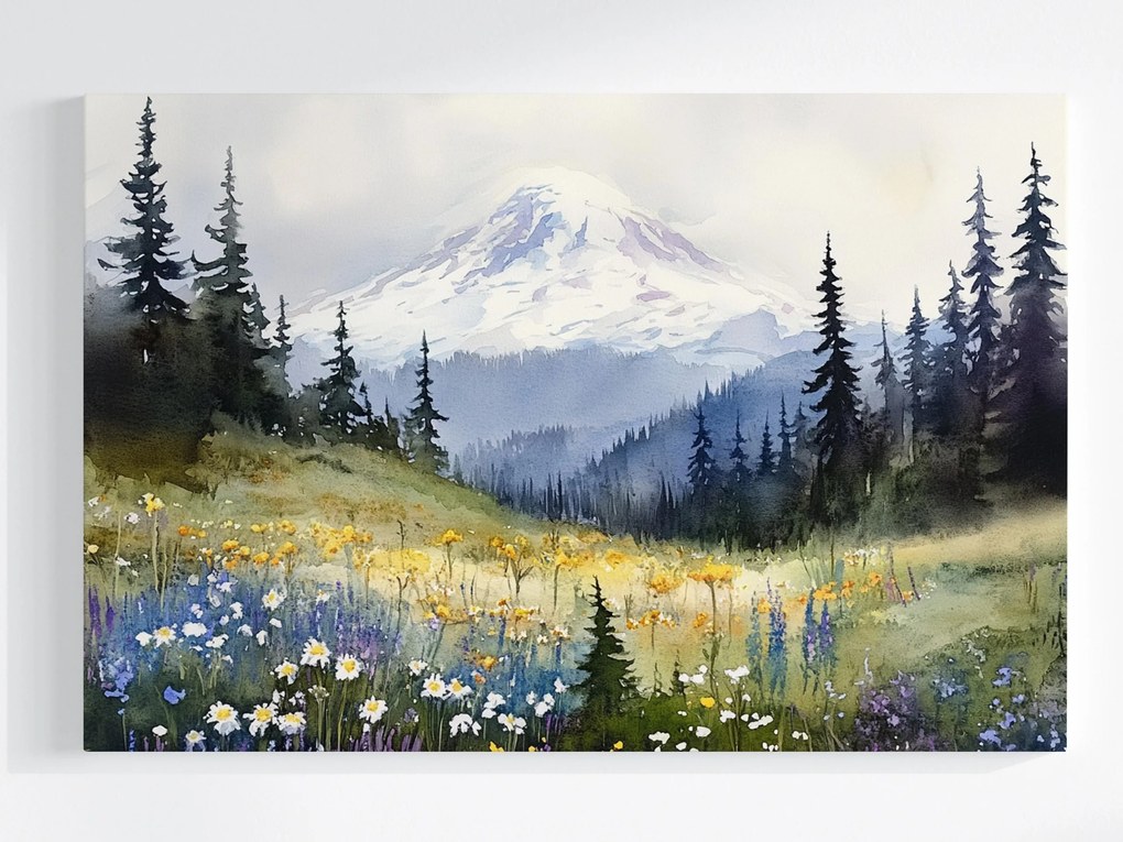 Vászonkép Canvas Tájkép Hegyek Hó Erdő Tisztás Virágok Tavasz 60x40