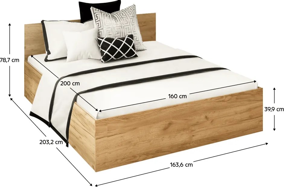 Ágy fém ráccsal és tárolóhellyel, 160x200, tölgy craft arany, DOLI
