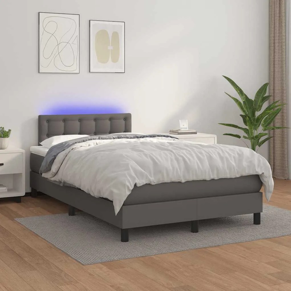 szürke műbőr rugós és LED-es ágy matraccal 120x190 cm