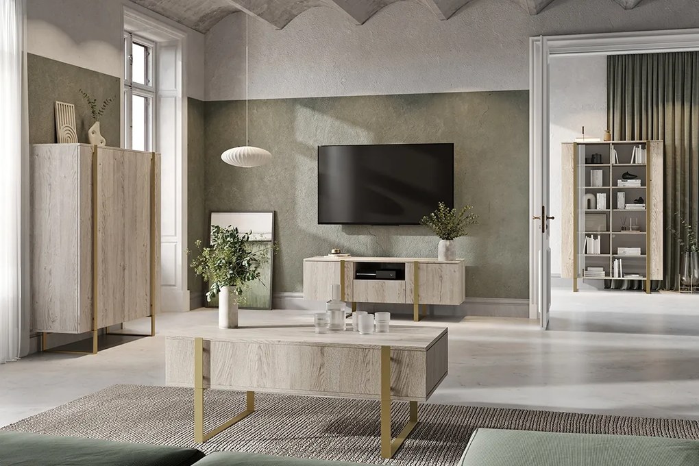 Verica 150 cm-es TV-szekrény nyitott polccal - szivacsos tölgy / arany lábak
