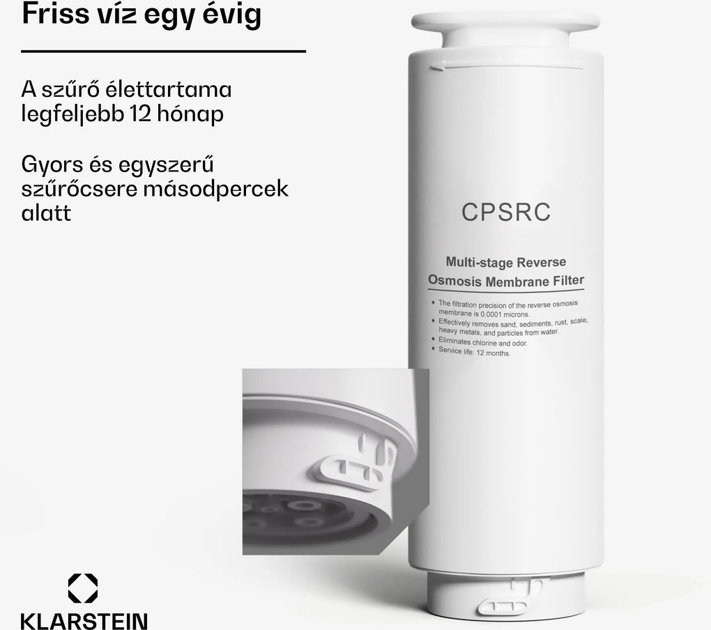 Klarstein VitalPour csereszűrő 75G, 99,99 %-ot eltávolít, CF + PPC + RO membrán