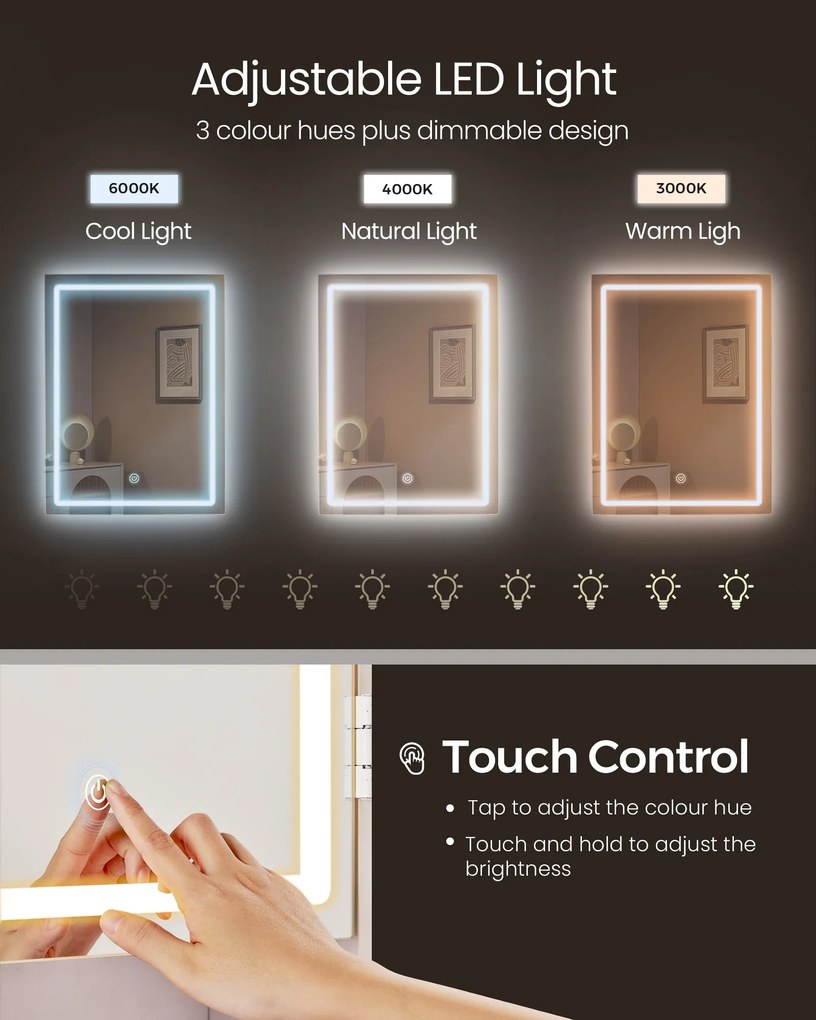 KAILYN Fésülködő asztal, LED világítású sminkasztal tükörrel és fiókokkal, felhőfehér