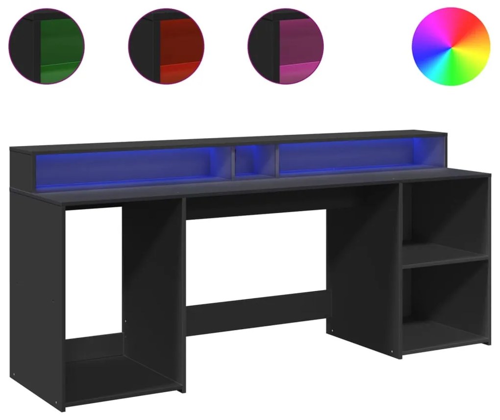 fekete szerelt fa íróasztal LED-világítással 200 x 55 x 91 cm