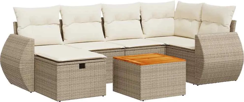 vidaXL 7 részes bézs polyrattan kerti ülőgarnitúra párnákkal