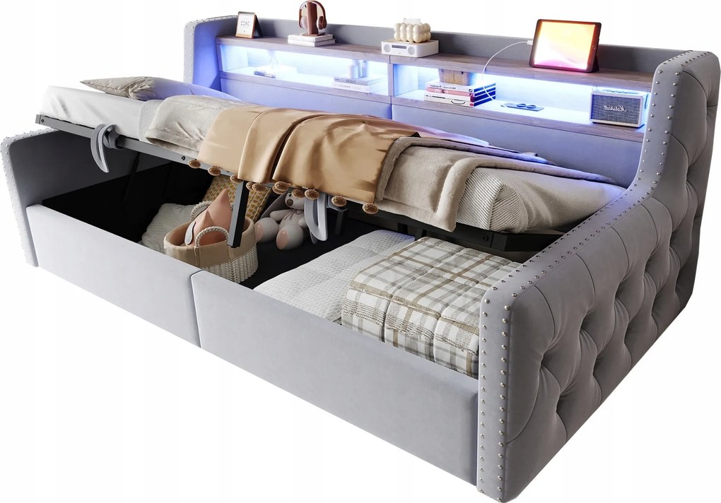 Gyerekágy Led kanapé összecsukható hidraulikus aljzat 90x200cm szürke