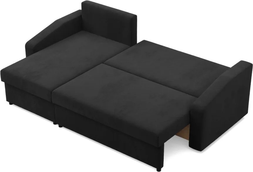 Zeus sarokkanapé, 2 ágyneműtartóval, döntött kartámasz, szövet anyag, univerzális oldal, hab töltet, fekete