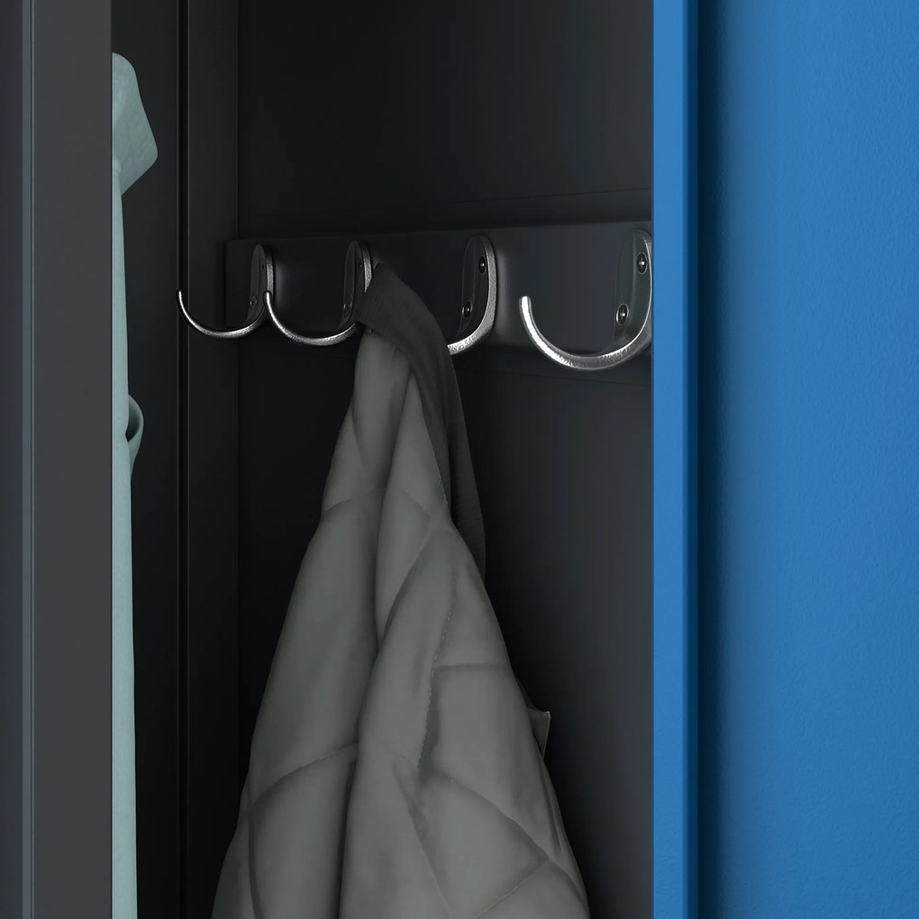 Pléh öltözőszekrény talpazaton, kétmodulos, polccal és köztes fallal KACPER, 800 x 1800 x 500 mm, antracit-kék