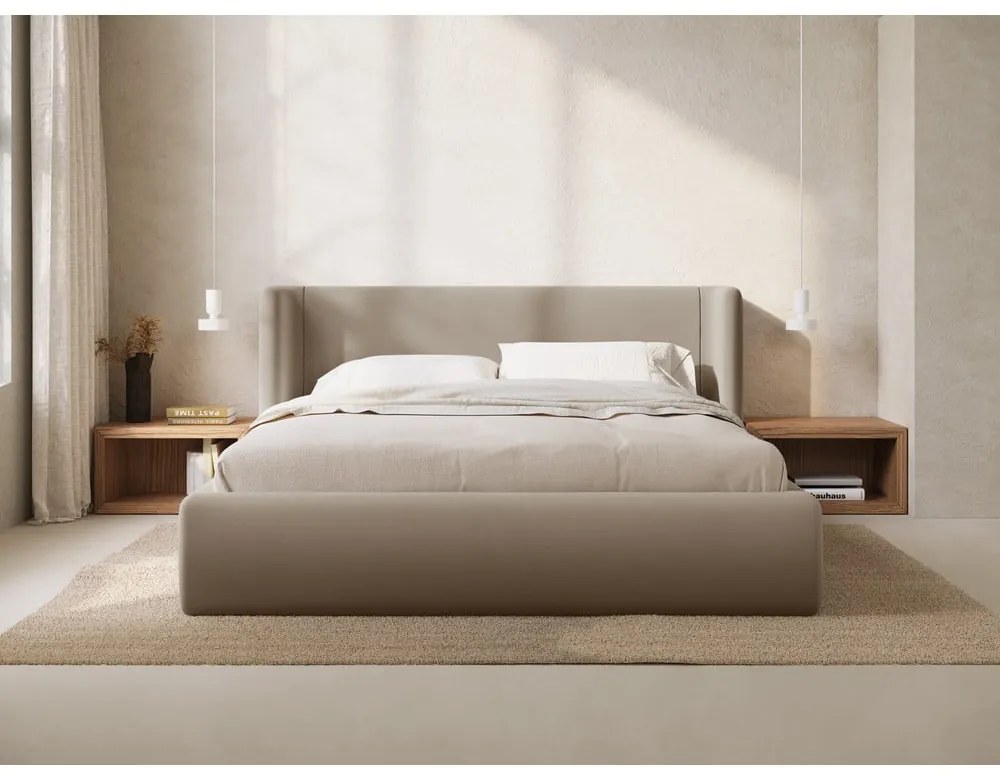 Világosbarna kárpitozott ágyneműtartós franciaágy ágyráccsal 160x200 cm Jason – Windsor &amp; Co Sofas