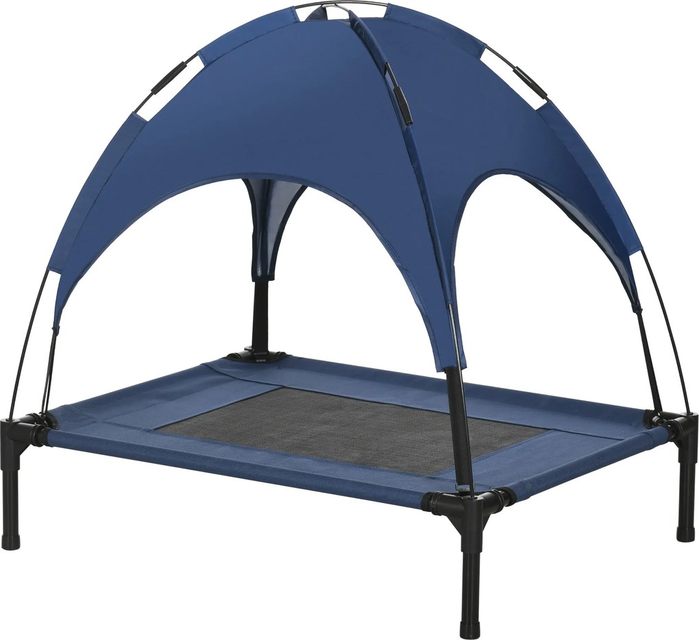 PawHut Felemelkedett Kutyafekhely Napernyővel, Kutyabed, Kültéri Kutyapihenő Tetővel, Lélegző, Taft Szövet Kempinghez Sötétkék 76 x 61 x 73 cm | Aosom