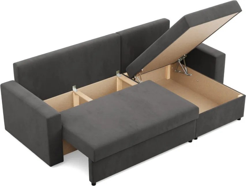 Zeus sarokkanapé, 2 ágyneműtartóval, egyenes kartámasz, szövet anyag, univerzális oldal, hab töltet, szürke