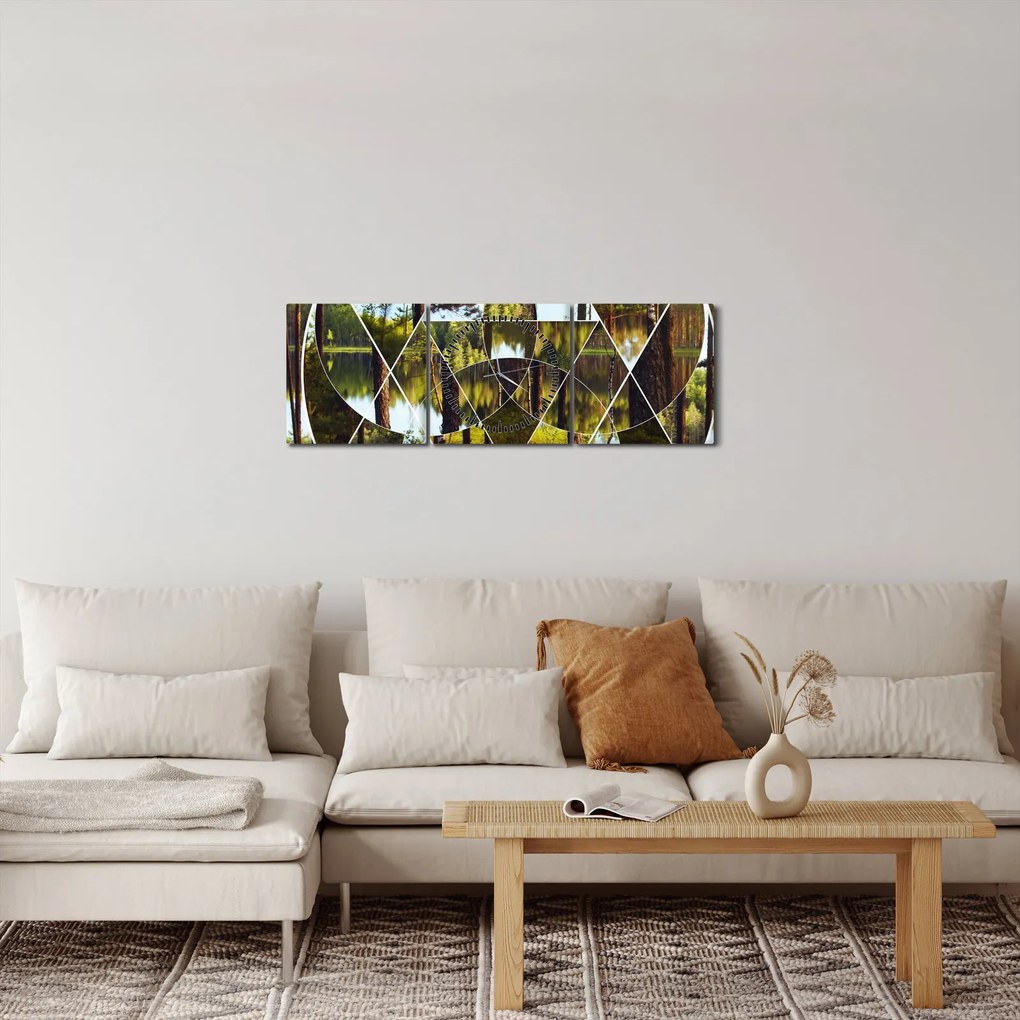 Kép - Geometrikus kollázs a skandináv erdők hátterében (órával) (90x30 cm)