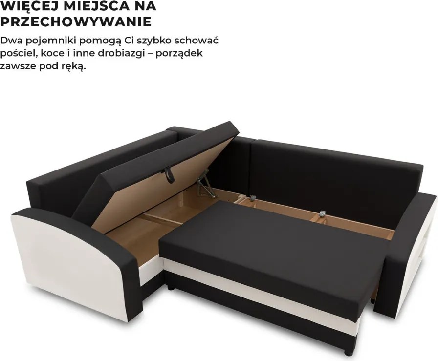 Grande sarokkanapé polcokkal , polc a jobb karfaban, baloldali, szövet anyag, bonell töltet, fekete - fehér