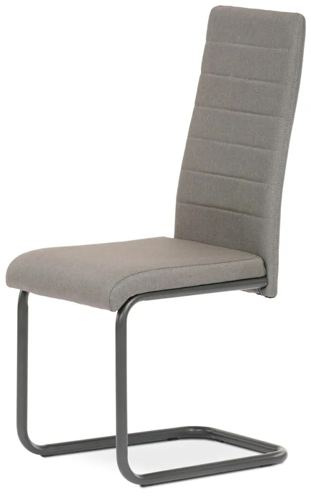 Scaun de dining cu spătar sleigh de culoare trufașă, cu tapițerie din țesătură și picioare din metal antracit. DCL-400