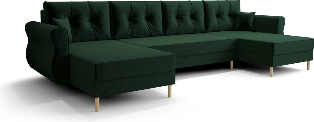 Ágyazható U alakú kanapé SILVIANO 300x140 cm, sötétzöld színű + 2 db díszpárna INGYEN