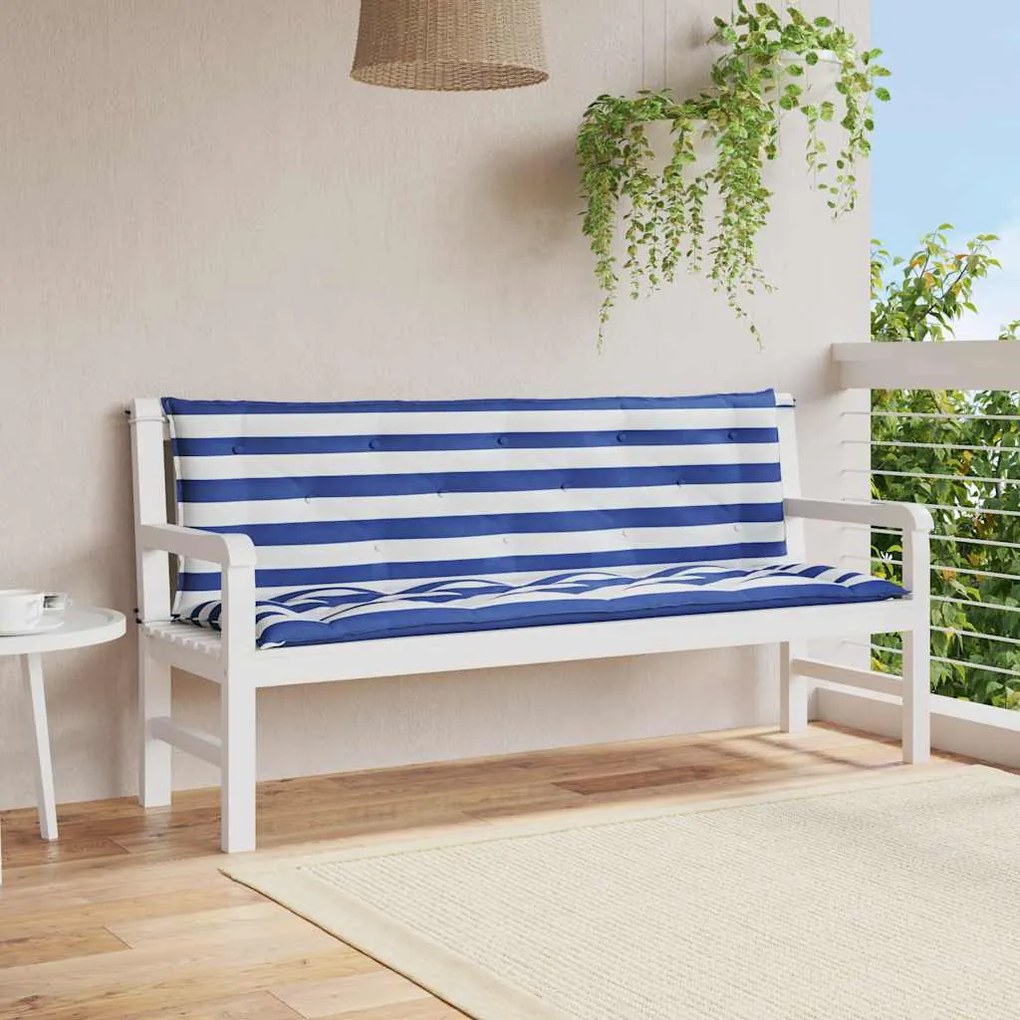 2 db kék és fehér csíkos szövet kerti padpárna 150 x 50 x 7 cm