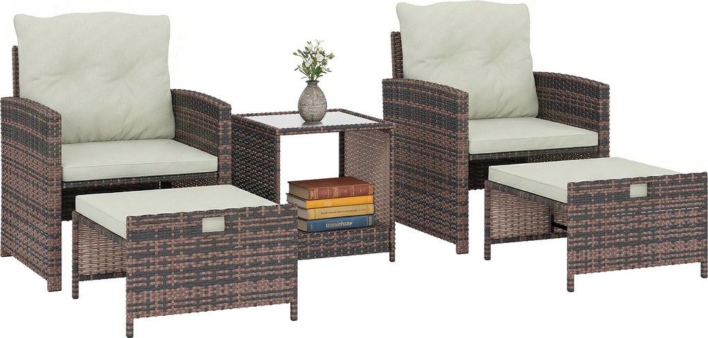 Outsunny 5 részes műrattan kerti szett – 2 helytakarékos puff, 2 fotel, 2 szintes üvegasztal párnákkal – barna/krém | Aosom