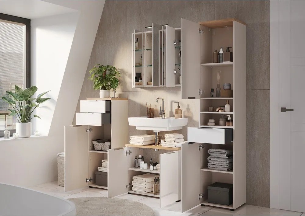 Krémszínű fényes magas-keskeny fürdőszoba szekrény 39x112 cm Tavira – Germania