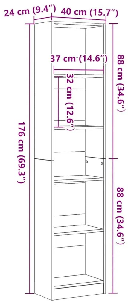 fekete tölgy szerelt fa könyvespolc 40x24x176 cm