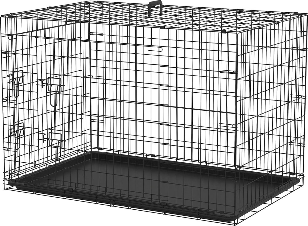 PawHut Összecsukható Kutya Ketrec 2 Ajtóval, Kivehető Tálcával és Szállító Fogantyúval 121x77x82 cm Fekete | Aosom
