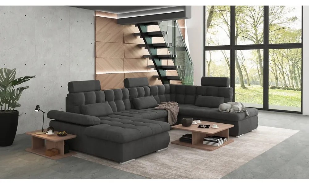 Antracitszürke kinyitható tárolóhelyes sarokkanapé (jobb oldali-U alakú) Merkur – Ropez