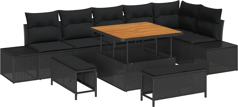 vidaXL Kerti Kanapé Szett párnával 9 pcs Fekete polirattan
