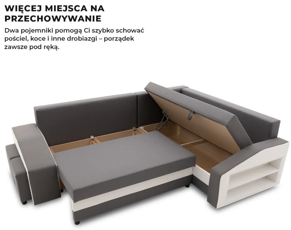 Grande sarokkanapé polcokkal és puffokkal , polc a jobb karfaban puffok a bal karfaban, jobboldali, szövet anyag, hab töltet, szürke - fehér