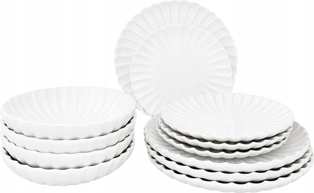 Ebédlőtál 4 Személyes Fehér Kerámia Fényes Tányér 12 Részes