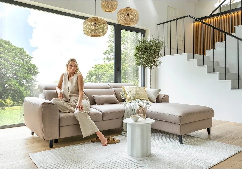 Világosbarna bársony kinyitható-tárolóhelyes sarokkanapé (bal oldali-heverő résszel) Foble – ELTAP