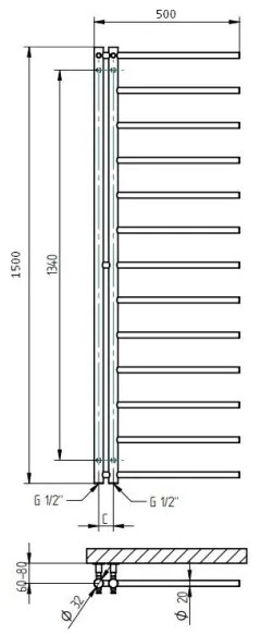 P.M.H. AP2C-L-Fürdőszobai törölközőszárító radiátor APOLLO 219 W 150 cm balos/fényes króm