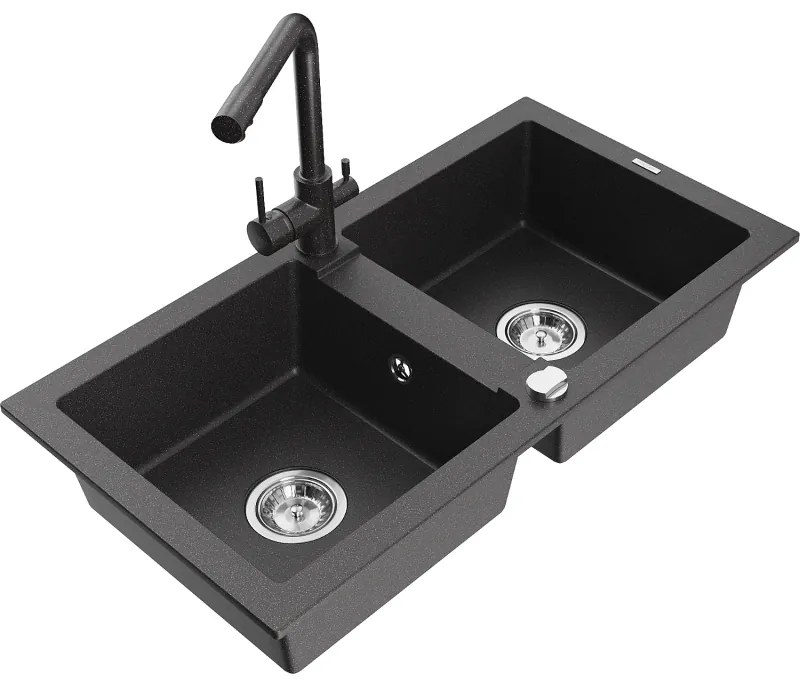 Mexen Mario, 2 kamrás gránit mosogató 820x436x161 mm és fekete pettyes Duero mosogató csaptelep, fekete pettyes, 6504-76-671600-76