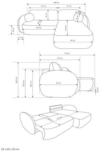 OLBIA jobbos, L-alakú, kihúzható sarokkanapé tárolóval, bézs