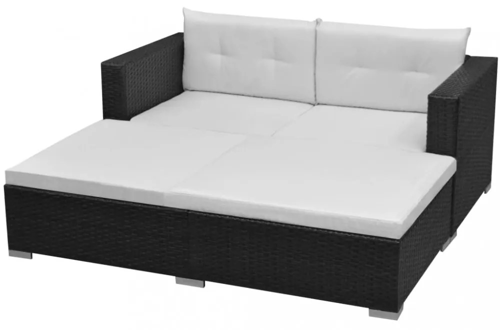 3-részes fekete polyrattan kerti bútorszett párnákkal