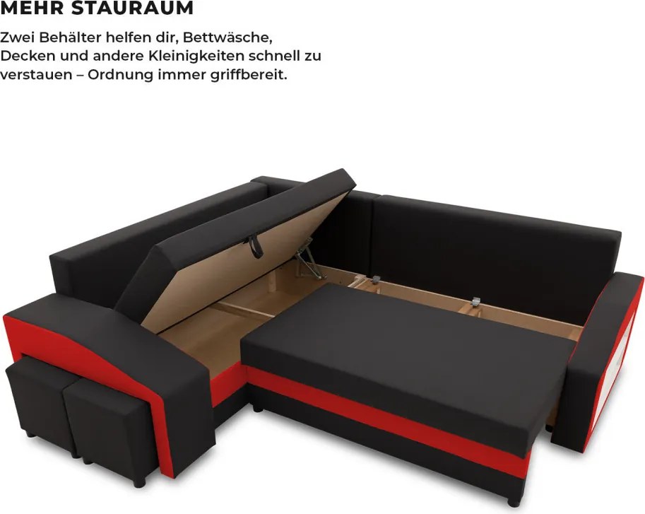 Grande sarokkanapé polcokkal és puffokkal , polc a jobb karfaban puffok a bal karfaban, baloldali, szövet anyag, bonell töltet, fekete - piros