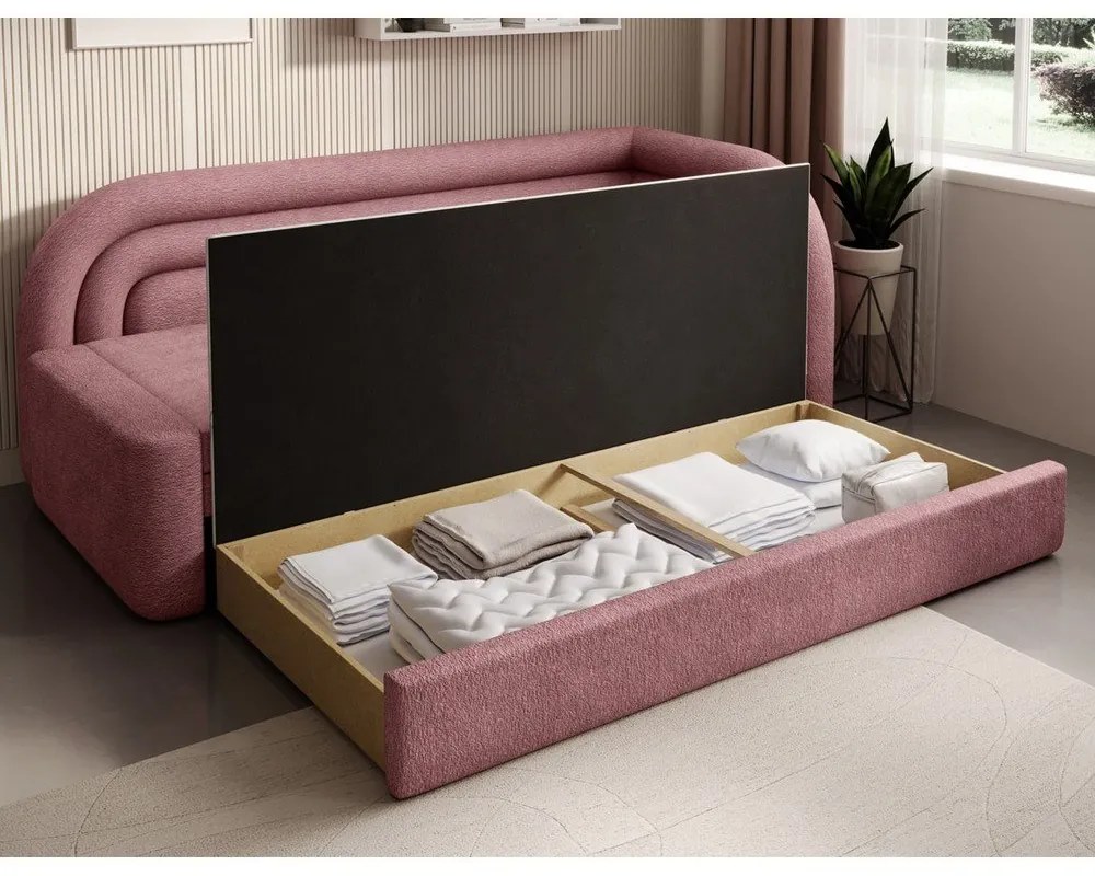 Rózsaszín zsenília kinyitható-tárolóhelyes kanapé jobb oldali 223 cm Fabillo – ELTAP