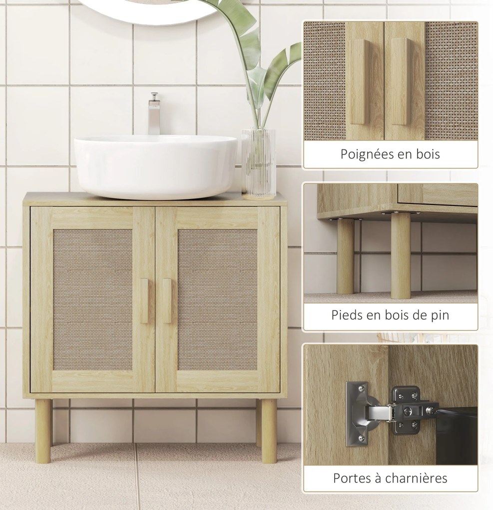 HOMCOM Fürdőszobai Mosdóasztal, Alatta Tárolás, Rattan Ajtók, Bohém Stílus, Fenyő Lábak, 2 Szint, 60 x 30 x 60 cm, Tölgy | Aosom