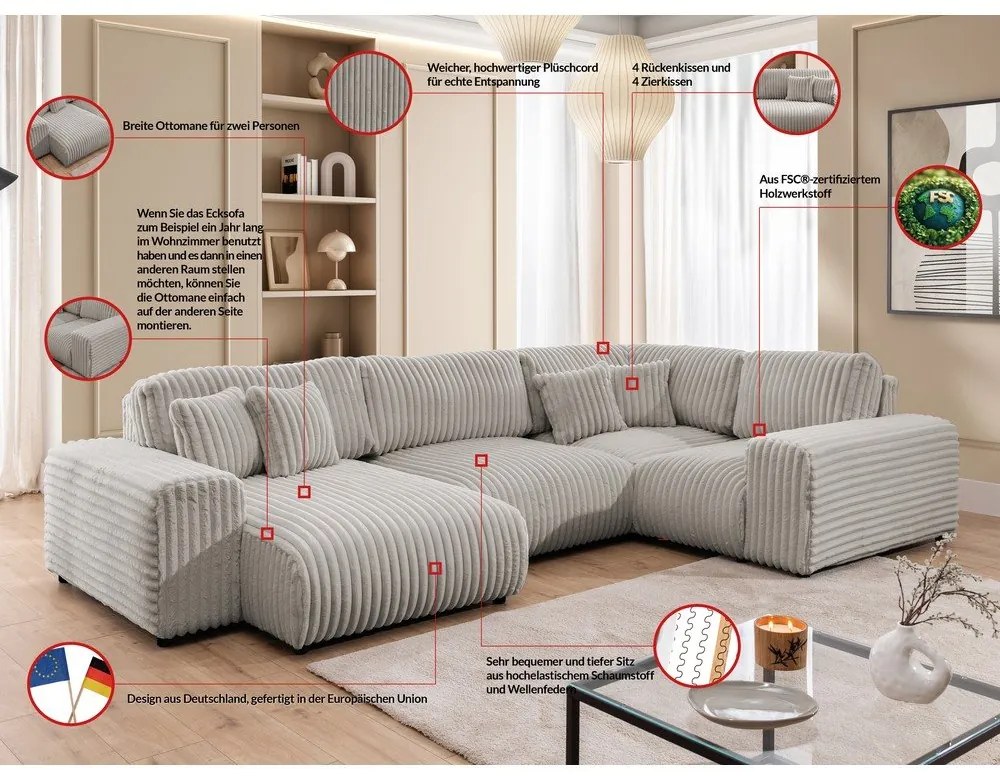 Világosszürke kordbársony sarokkanapé (jobb oldali-U alakú) Justin – Ropez