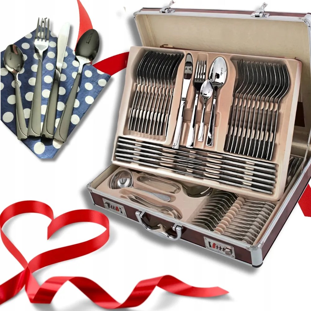 Evőeszköz szett Hoff bőrönd szett Ezüst evőeszközök 12 személyes