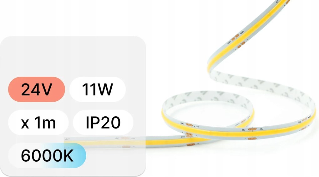 Led szalag Cob 24V 11W/m 480LED/m IP20 6000K CRI>90 – 1m, hideg fehér, vonalas