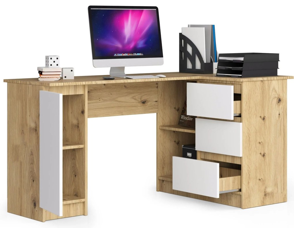 Sarok PC asztal Bevin (artisan tölgy  + fehér) (J). Akció -15%. 1070971