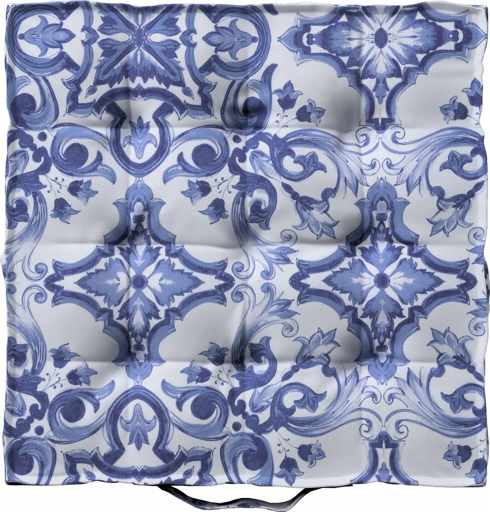 Kuba székpárna 40x6 kék mintás, fehér alapon