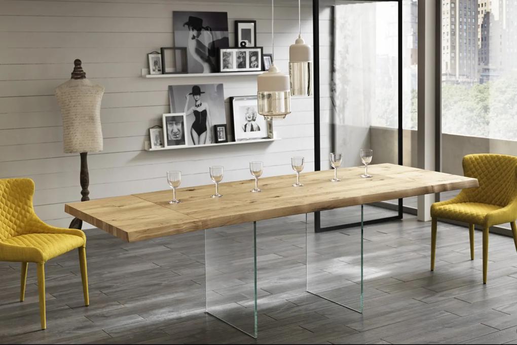 VOLARE tölgyfa dekor bővíthető design étkezőasztal üveg lábakkal