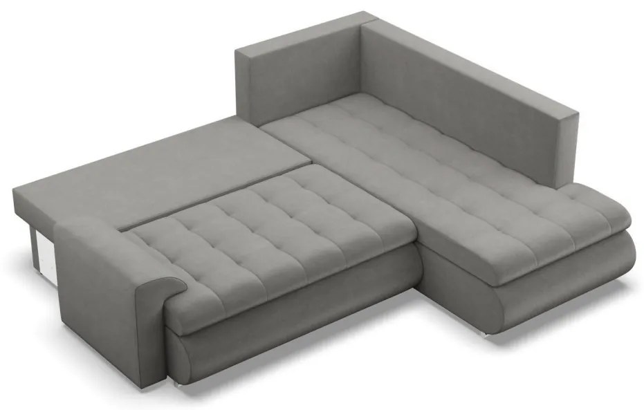 Tokio sarokkanapé, L alakú háttámlával, 2 ágyneműtartóval, bársony, jobboldali, világosszürke