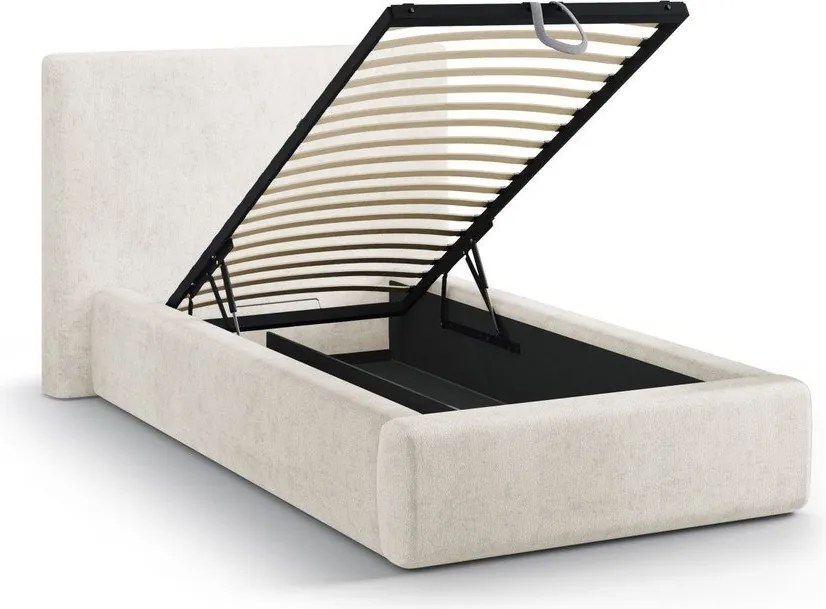 Krémszínű kárpitozott ágyneműtartós egyszemélyes ágy ágyráccsal 90x200 cm Amy – Micadoni