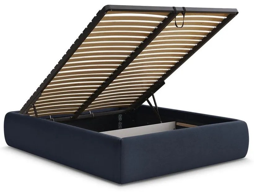 Sötétkék kárpitozott ágyneműtartós-ágytámla nélkül franciaágy ágyráccsal 180x200 cm Inera – Bobochic Paris