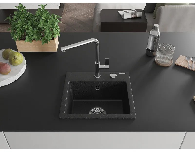 Mexen Milo, 1 kamrás gránit mosogató 435x410x171 mm és Flora mosogató csaptelep, fekete-ezüst metál, 6505-73-670401-00