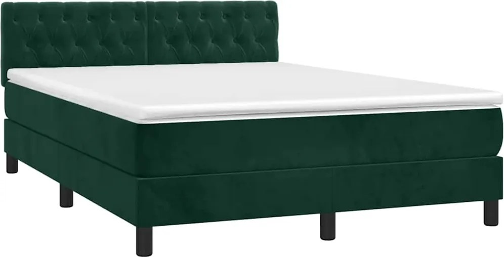vidaXL sötétzöld bársony rugós és LED-es ágy matraccal 140x190 cm