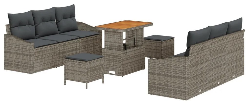 9 Részes Kerti Kanapé Szett Párnákkal Szürke Poly Rattan Akác, 2-Személyes Kerti Kanapé Párnákkal Szürke Poly Rattan, 3 Részes Kerti Étkező Szett Párnákkal Szürke Poly Rattan Akác