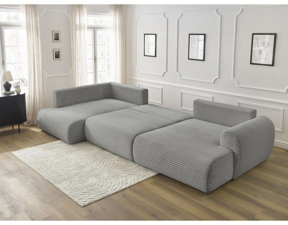 Sötétszürke kordbársony kinyitható-tárolóhelyes sarokkanapé (bal oldali-U alakú) Lucien – Bobochic Paris