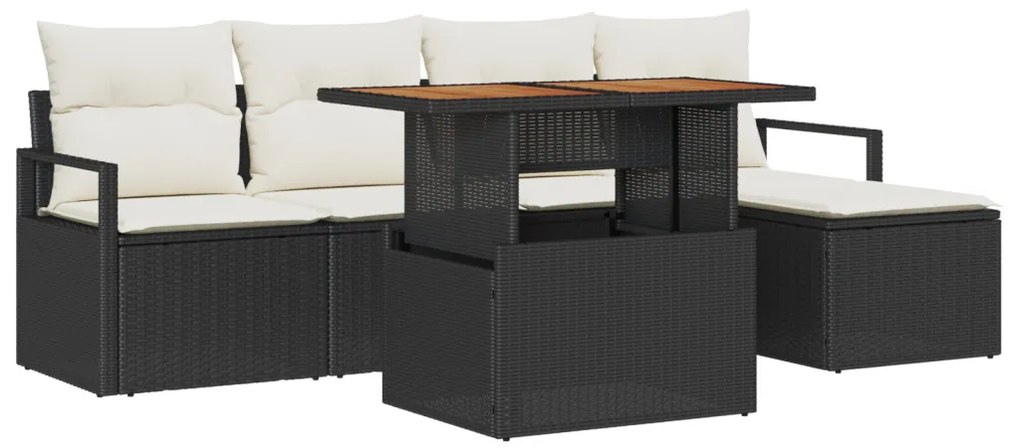 6 darabos kerti kanapészett párnákkal fekete poli rattan akáccal