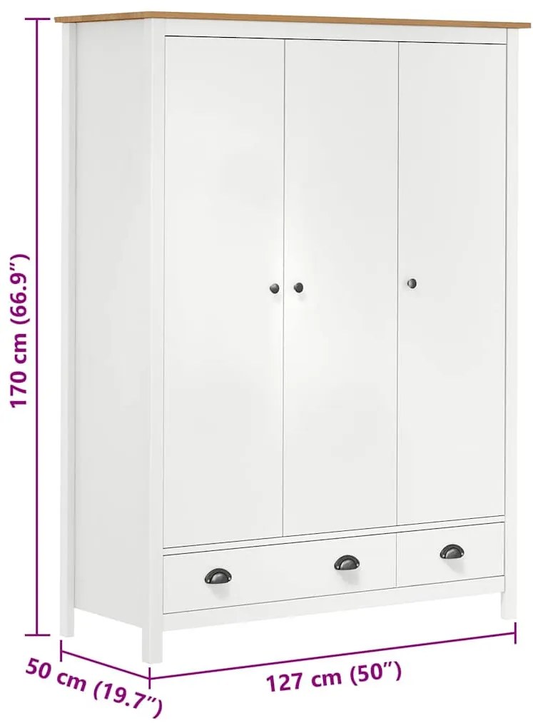 Hill fehér 3 ajtós tömör fenyőfa ruhásszekrény 127x50x170 cm